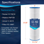 Grefilt CC150 Pool Filter Cartridge, Compatible with Pentair Clean & Clear 150, Replaces Pleatco PAP150, Unicel C-9415, Pentair R173216, 150 sq. ft