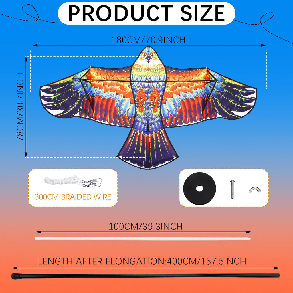 Sratte 2 Set Bird Scarer Flying Kite Eagle Deterrent Devices Outdoor Scare Birds Away Farm Protector Wind Power Professional Pigeon Scarer Eagle Kite with Pole for Lawn Crops (Blue, Colorful,Lively)
