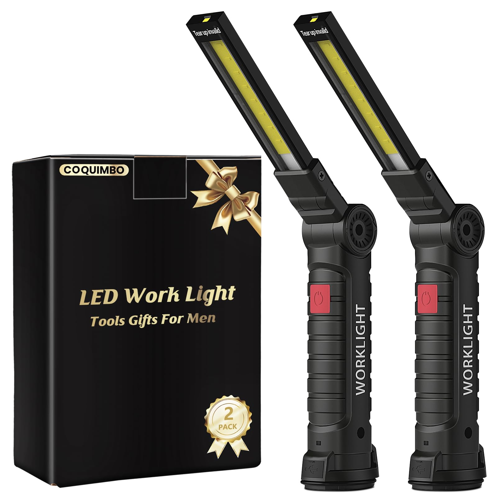 Coquimbo Tool Gifts for Men Dad Him, Rechargeable LED Work Light Grill Light with Magnetic Base and Hook 5 Modes 360° Rotate Mechanic Light Stocking Stuffers Mens Gifts (2 Pack Black)
