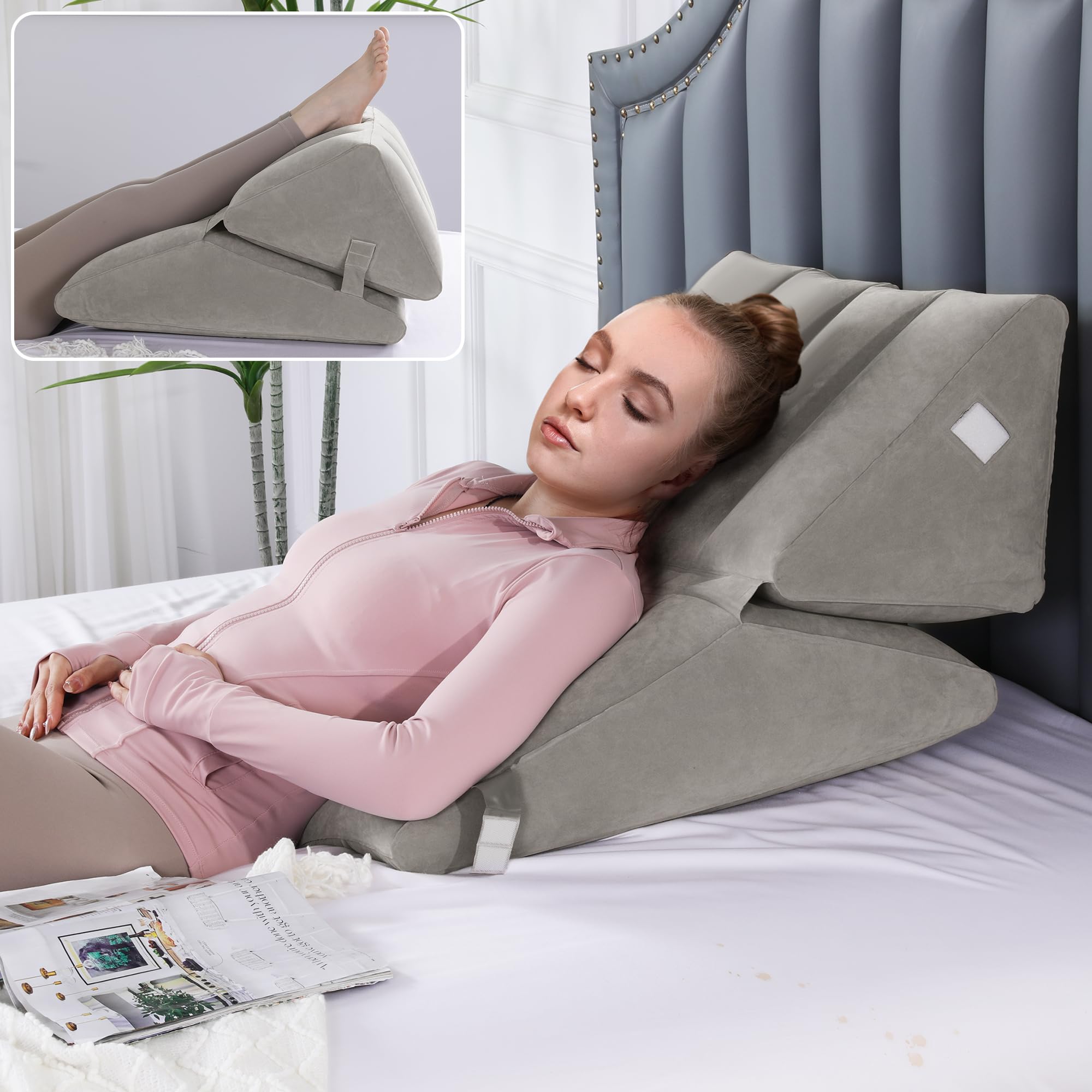 HOMBYS Adjustable Inflatable Bed Wedge Pillow for Sleeping, 7 in 1 Multi Use Back Pillow for Bed Sitting Up, 10 inch Elevated Support Pillow for Legs & Back, Portable for Travel Use-30"x22"x10", Grey