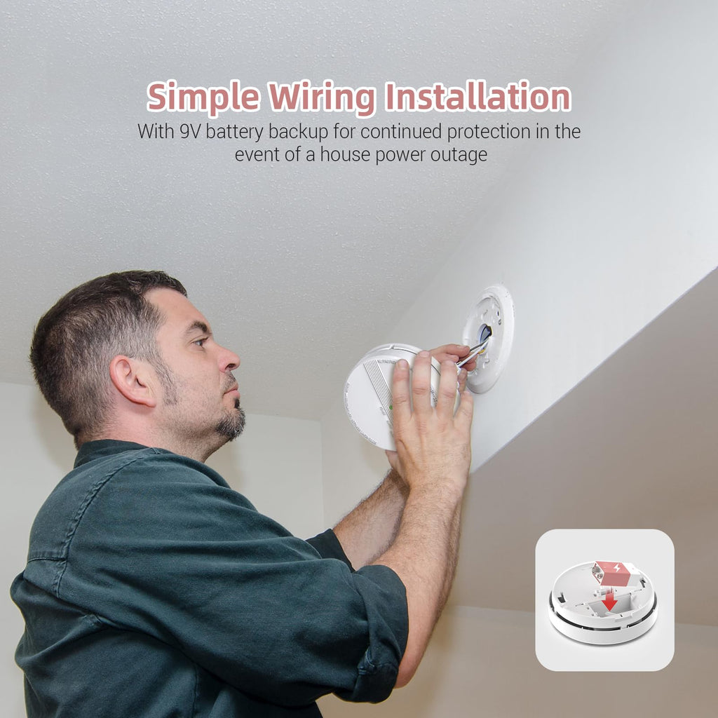 6 Packs Smoke Detector, Hardwired Interconnected Smoke Detectors, Smoke Alarm with Replaceable 9V Battery, Interconnects Up to 12 Fire Alarms, Photoelectric Fire Alarm with Test/Silence Button