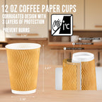 BYSNOW 500 Pack 12 oz Disposable Coffee Cups, Corrugated Insulated Ripple Wall Paper Coffee Cups 12oz, To Go Coffee Cups for Hot Beverage or Cold Drinks(Champagne 500Count)