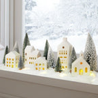 Zesua Christmas Decorations Indoor - Christmas Village Sets of 5 Ceramic Houses with LED Lights Remote and 9 Trees - Winter Rustic Farmhouse Home Holiday Xmas Decor for Mantel Tabletop Room