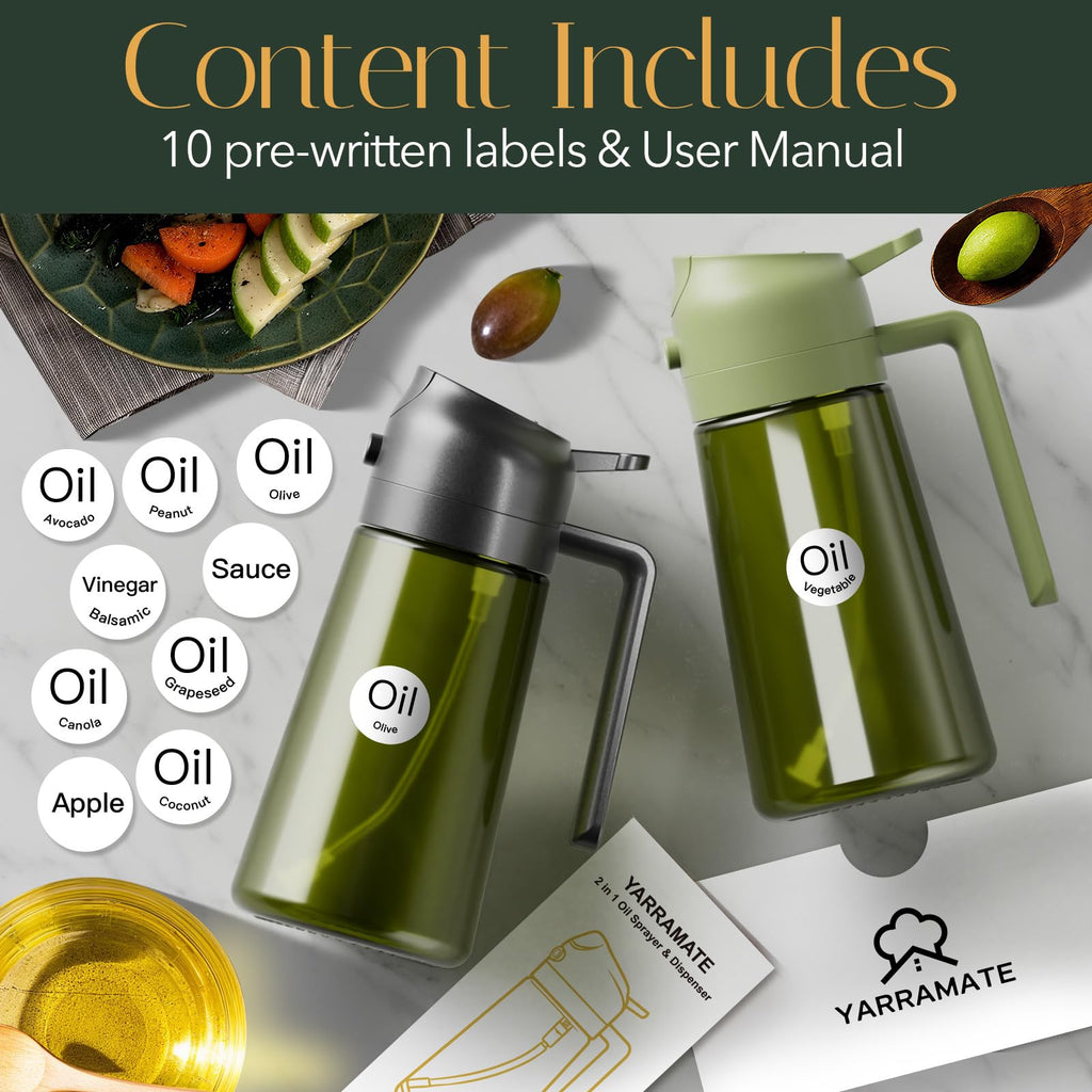 YARRAMATE 16oz/470ml Light-Blocking Dark Oil Sprayer for Cooking, 2 in 1 Olive Oil Dispenser Bottle for Kitchen, Premium Dark Green Glass Oil Bottle, Food-Grade Oil Mister for Air Fryer, BBQ (Black)
