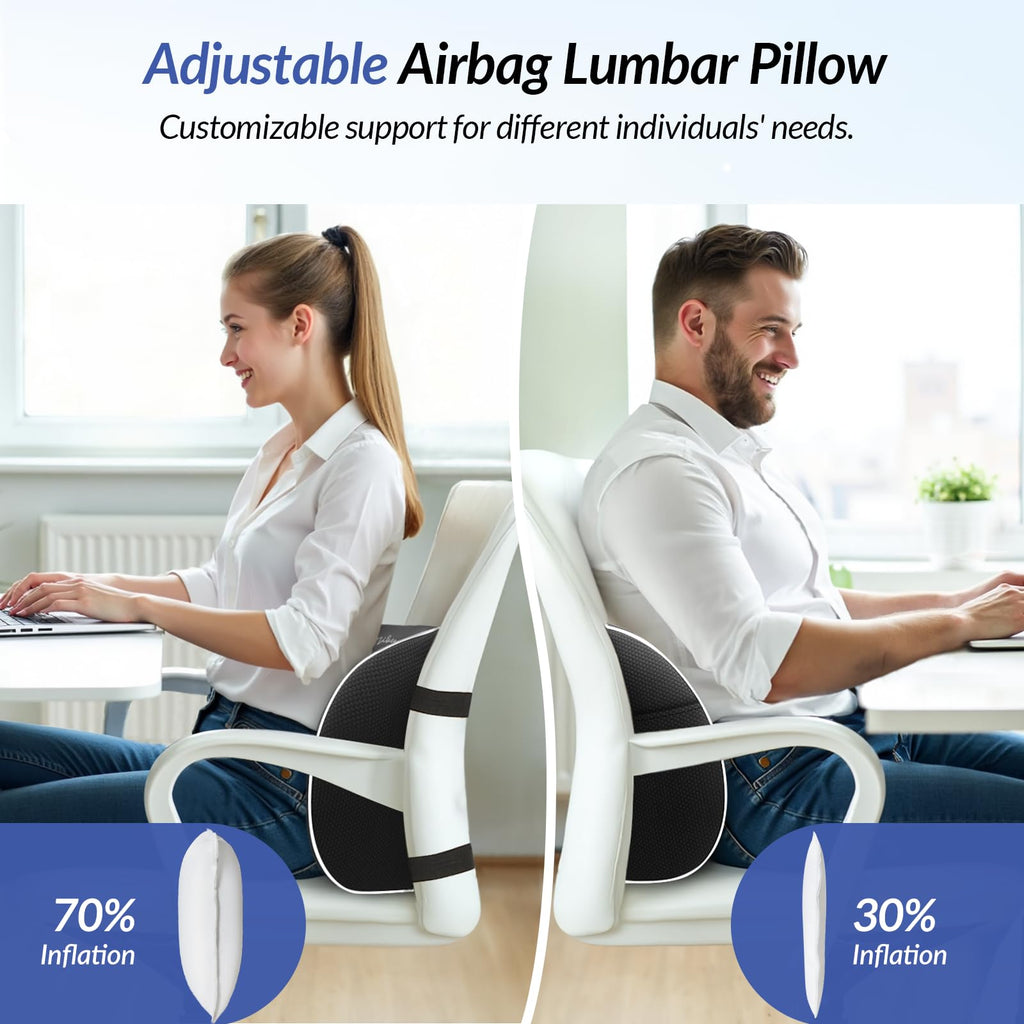 ZIKEE Airbag Lumbar Support Pillow for Office Chair and Car Seat, Adjustable Memory Foam Lumbar Pillow for Contoured Lower Back Support & Pain Relief, Lower Back Cushion with Dual Straps & Airy Fabric