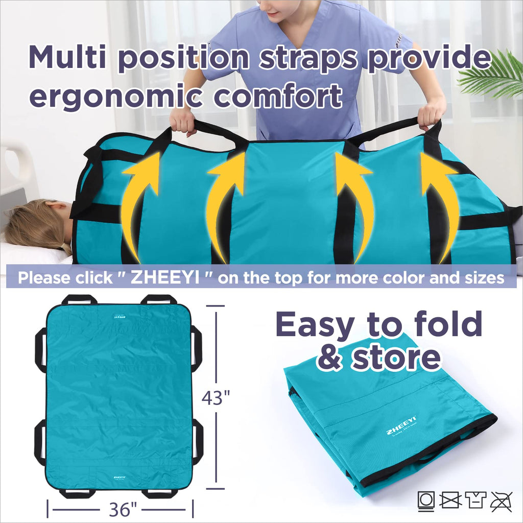 ZHEEYI Positioning Bed Pad with Reinforced Handles 43" x 36" Patient Transfer Sheet Aid Assistant for Body Lifting, Turning, Repositioning, for Elderly, Incontinence, Caregiver, Peacock Blue