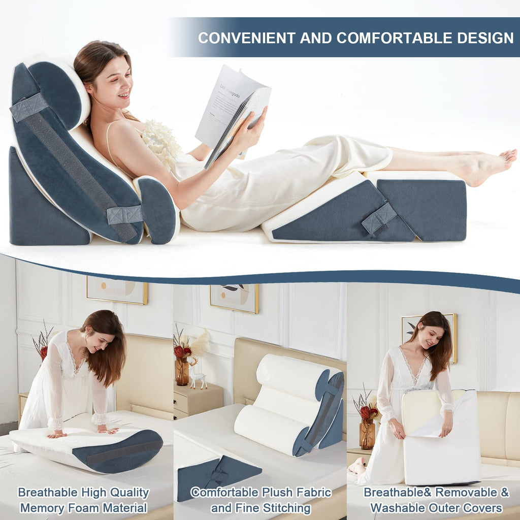 Lazyzizi 6pcs Orthopedic Bed Wedge Pillow Set, Memory Foam Wedge Pillow for Sleeping, Knee, Lumbar and Back Pain Relief Adjustable Bed Pillow - Acid Reflux, Anti Snoring & GERD Sleeping, Grey
