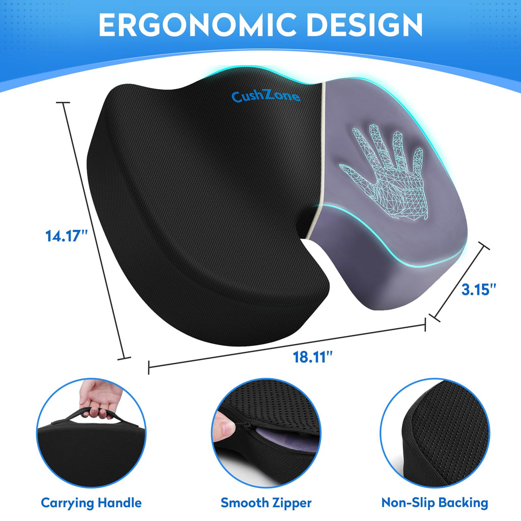 Seat Cushion - Memory Foam Office Chair Cushion for Sciatica, Tailbone & Back Pain Relief - Orthopedic Coccyx Pillow for Car, Airplane, Pregnancy & Long Sitting at Work, Black