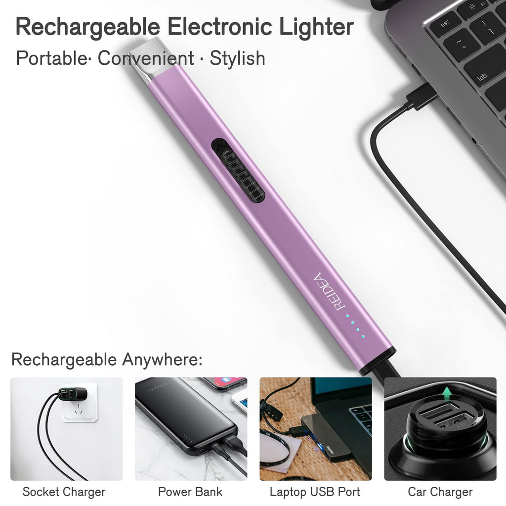 REIDEA Lighter Electronic Candle Lighter USB Rechargeable with Security Lock, Windproof Fast Heat Sinking, Non-Slip Switch Electronic Lighter for Candle, Grill, Camping (Lavender Purple)