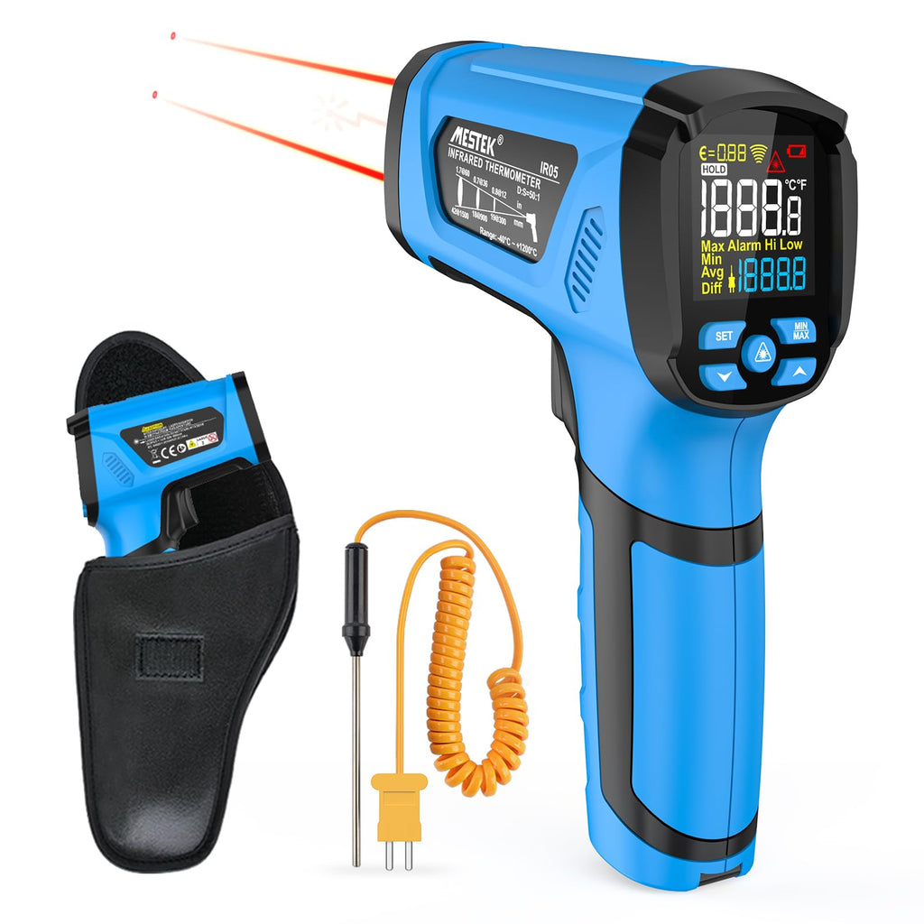 MESTEK Infrared Thermometer Temperature Gun, -40℉ to 2192℉ Dual Laser High Temp Thermometer with LCD Color Display, Non-Contact Industrial Pyrometer 50:1 Distance Ratio, Adjustable Emissivity