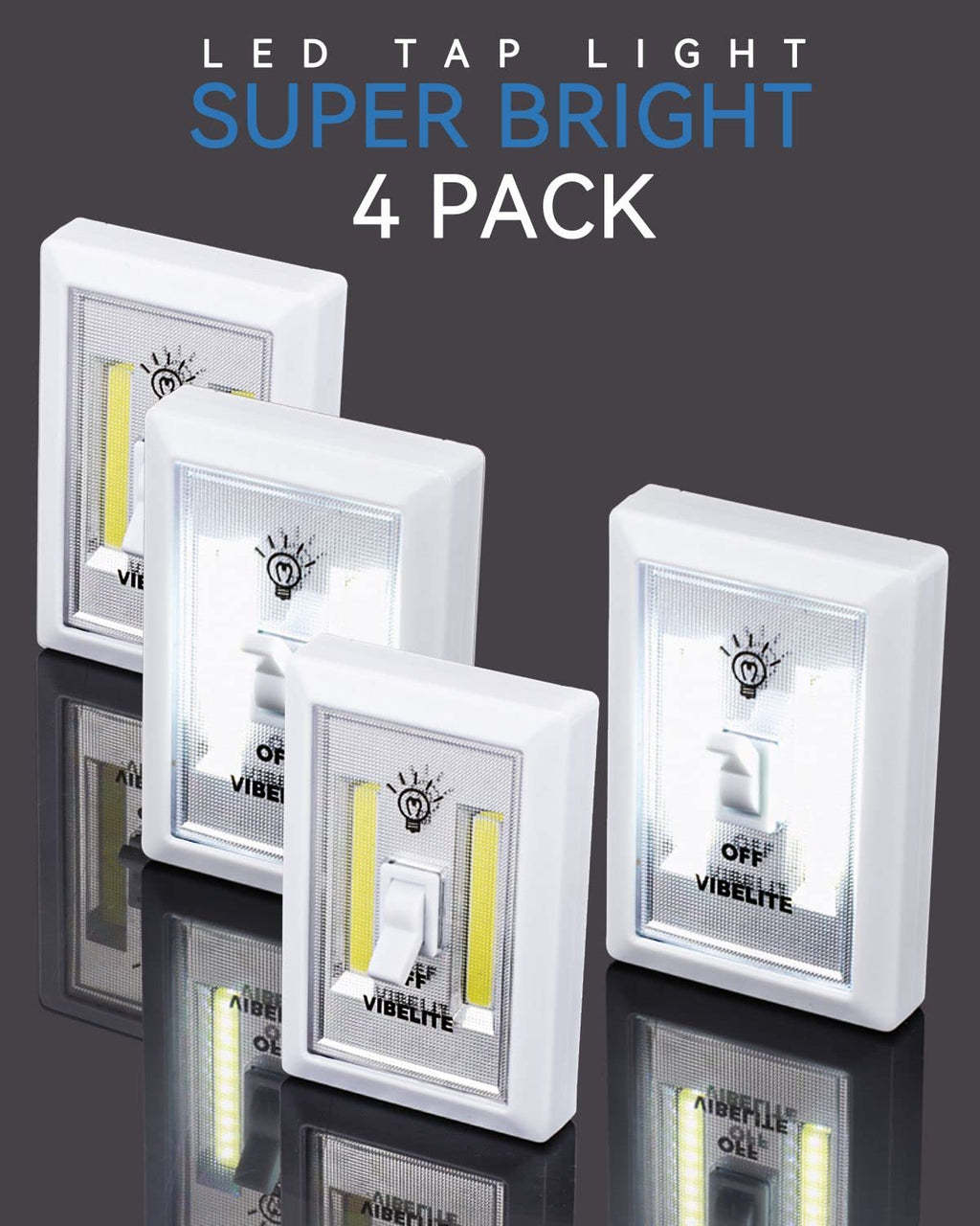 VIBELITE LED Night Light Switch, 12 Total Batteries Included, 200 Lumen Wireless COB LED Switch Light, Under Cabinet, Shelf, Closet, Garage, Kitchen, Stairwell and Emergency, Battery Operated, 4 Pack