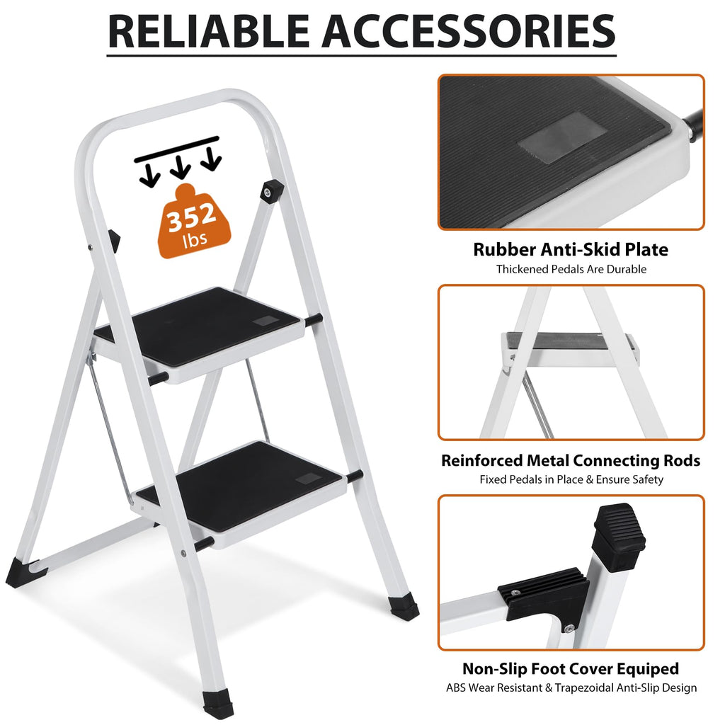 JungleA 2 Step Ladder Folding Step Stool,Small Foldable Home Step Stool for Kids Adults,Wide Anti-Slip Pedal,350 lbs Load Capacity,Lightweight Portable White Step Stool Ladder for Bed,Closet,Kitchen