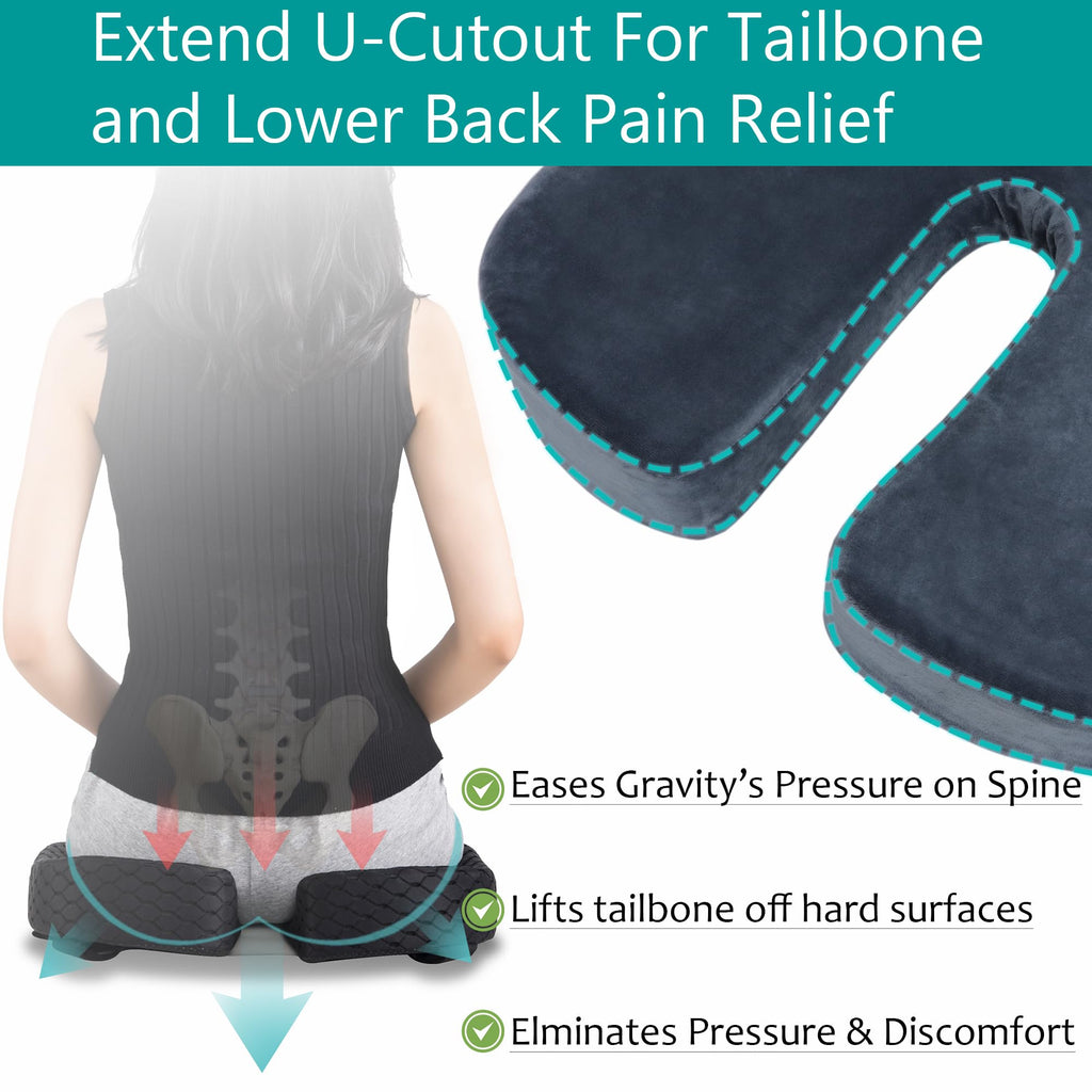 Tailbone Pain Relief Office Chair Cushion 10-Inch Extended U-Cutout,Large-18"x16"x3",Coccyx,Sciatica Pain Relief Memory Foam Wheelchair Car Seat Cushion,But Pillow Pad for Pressure Relief, Blue Grey