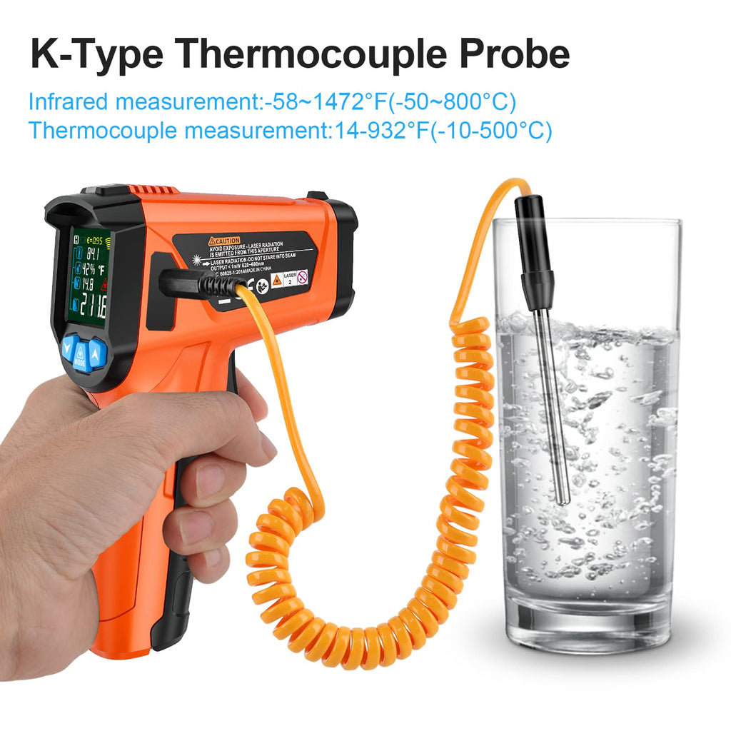 MESTEK Infrared ThermometerTemperature Gun with K Probe Digital Laser IR Thermometetr Temp Gun -58℉~1472℉ Color LCD Screen Alarm Function Adjustable Emissivity for Cooking Grill Pizza Oven