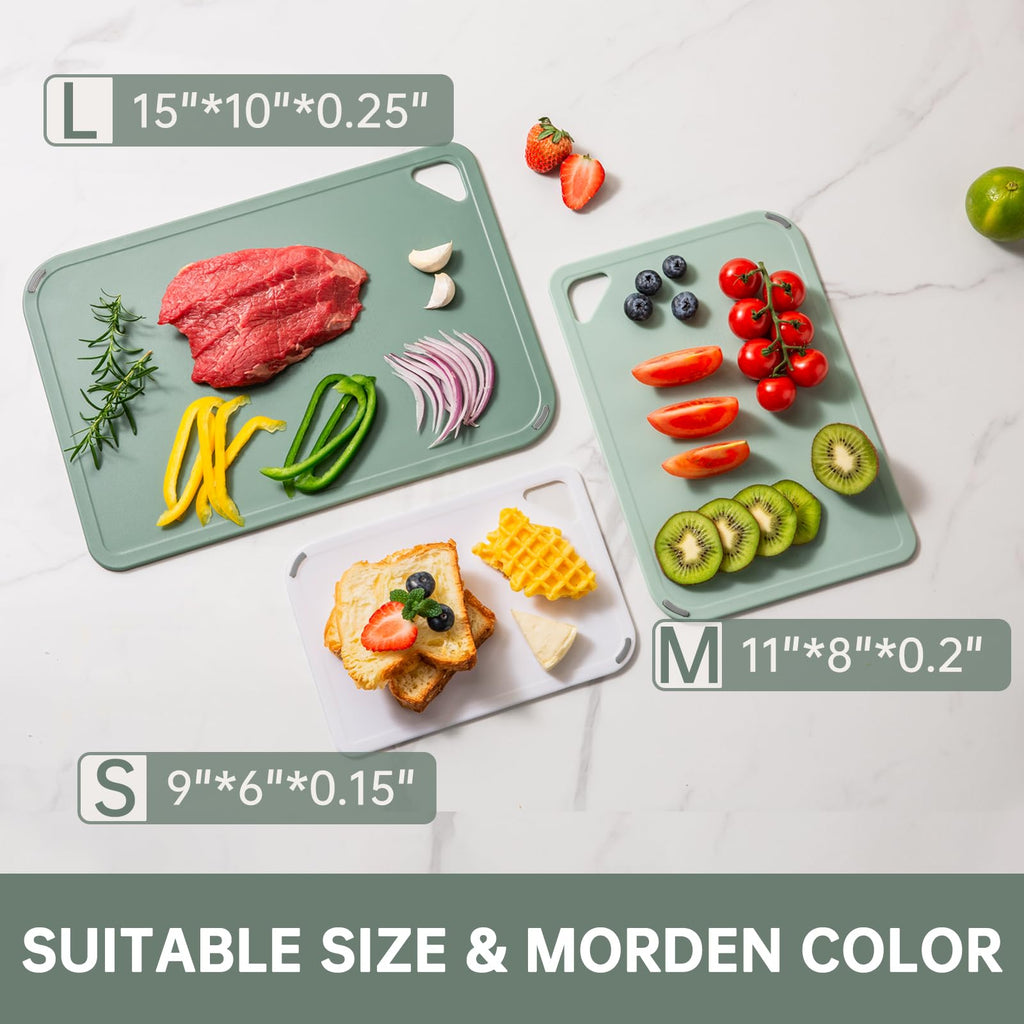 THETCHRY Plastic Cutting Board Set of 3-Cutting Boards for Kitchen BPA Free, Large-Small Chopping Boards Non-Slip for Cooking Camping Dishwasher Safe, Reversible, with Grip Handle, 15"×10"×0.25" Green