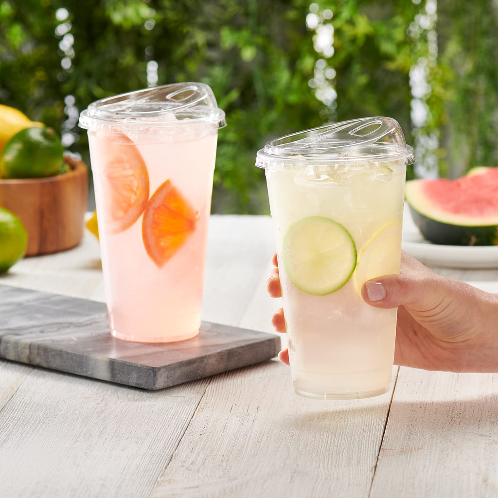 Comfy Package [24 oz. - 100 Count Crystal Clear Plastic Cups With Strawless Sip-Lids, Disposable Iced Coffee Cups with Lids - Ideal for Cold Beverages, and To-Go Drinks