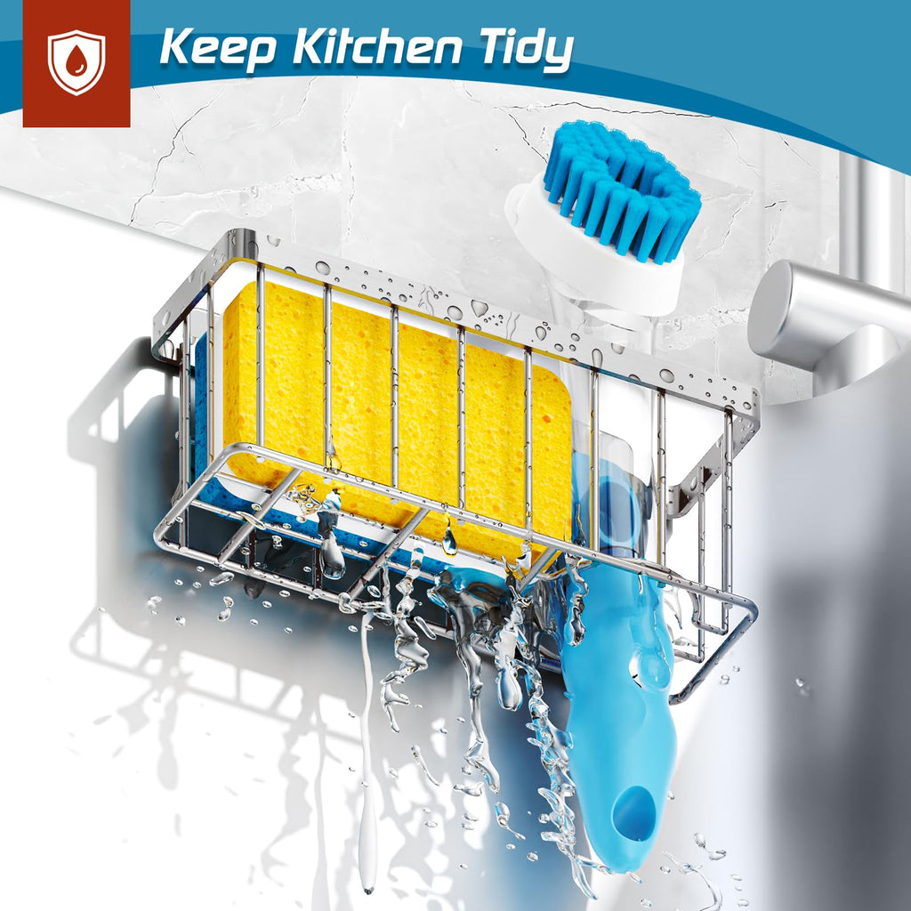 MURLONG Sponge Holder for Kitchen Sink,Sink Caddy Organizer with Suction Cups/Adhesive Strips,Dish Sponge Holder Design for Sponges,Scrubber,Stoppers-Silver