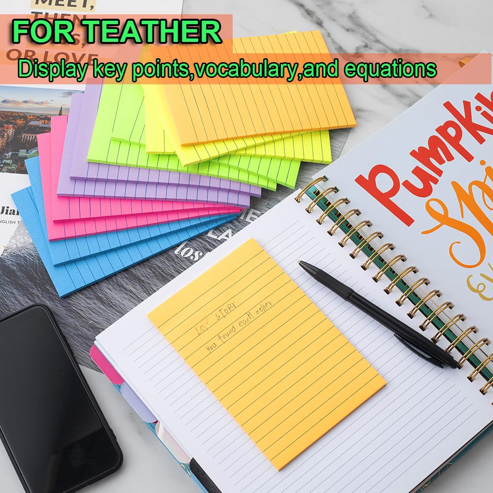 (12 Pack) Lined Sticky Notes 4x6 in,Large Notepads with Lines,Ruled Stickies Super Sticking Power,Office School Memo Note Pads Bright Colors,Post on Windows Doors,Recyclable,Easy to Write on