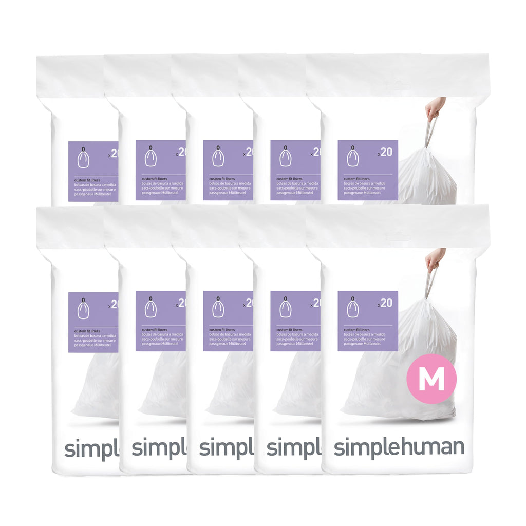 simplehuman Code M 200 Count, Genuine Custom Fit Liners, Drawstring Trash Bags in Dispenser Packs, 45 Liter / 11.9 Gallon, White