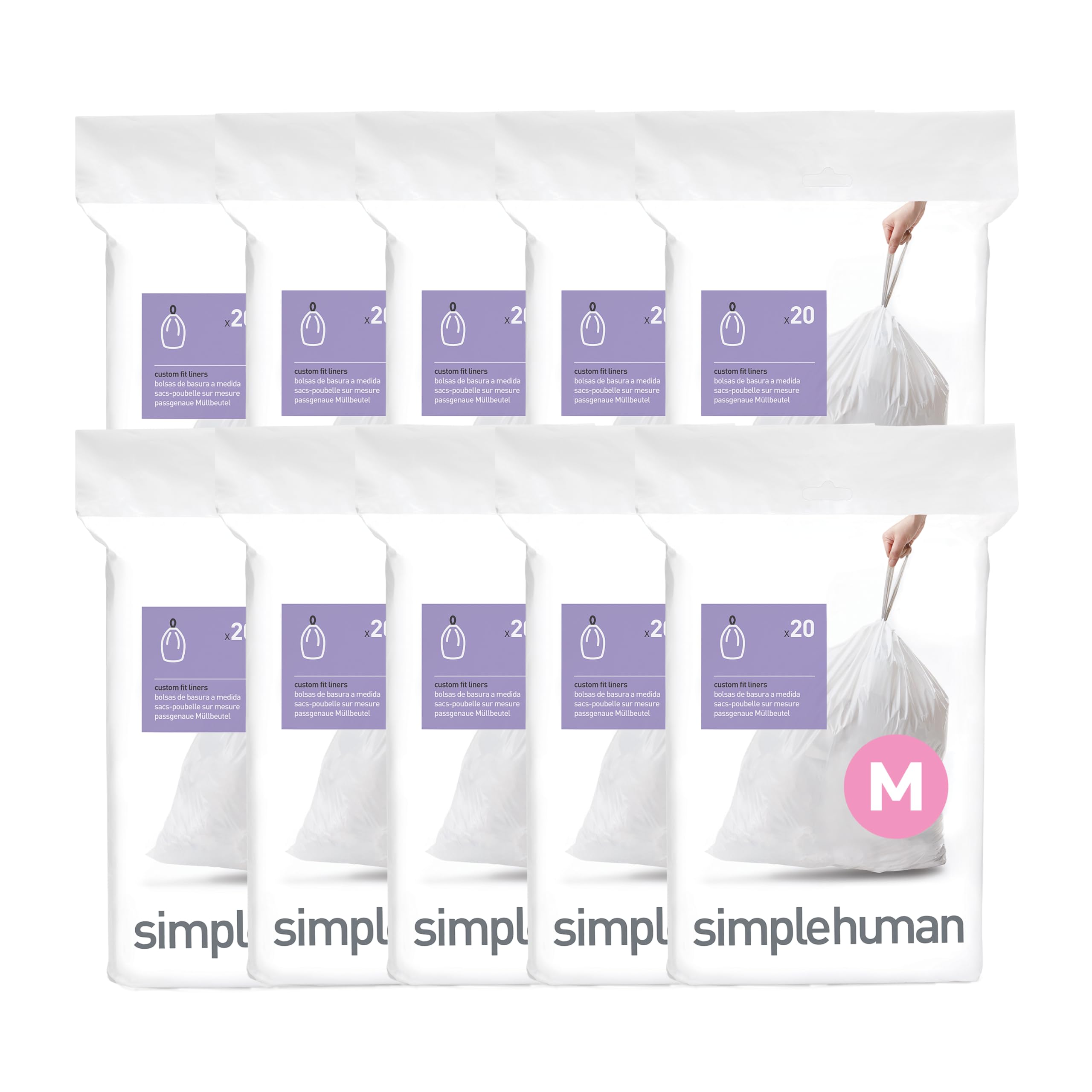 simplehuman Code M 200 Count, Genuine Custom Fit Liners, Drawstring Trash Bags in Dispenser Packs, 45 Liter / 11.9 Gallon, White