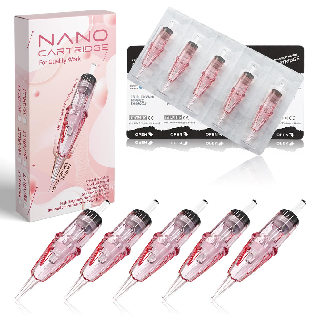 PMUBEAUT 10Pcs NANO Tattoo Cartridge Needles Disposable 1RL Round Liner Long Tape Permanent Makeup Needles Eyebrows Eyeliners Lip Blushing Microblading Supplies for Rotary Tattoo Pen (20/1RLLT)