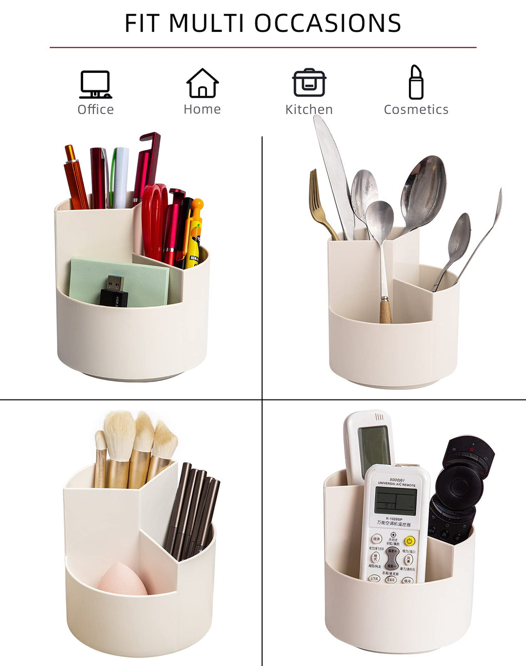 Desk Pencil Pen Holder, 3 Slots 360-Degree Spinning Organizers, Desktop Storage Stationery Supplies, Cute Cup Pot for Office, School, Art Supply, Kids - White
