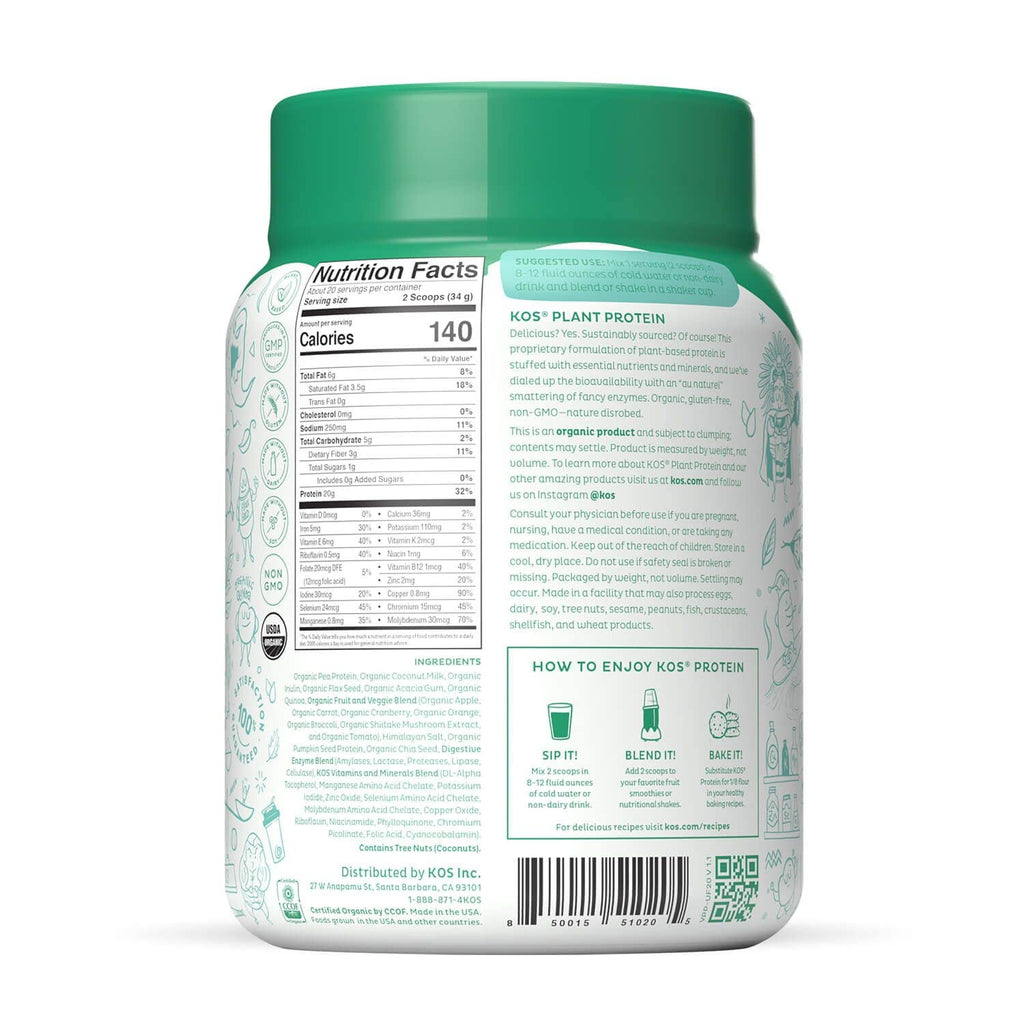 KOS Vegan Protein Powder, Unflavored & Unsweetened - Low Carb Pea Protein Blend, Organic Superfood Rich in Vitamins & Minerals - Keto, Soy, Dairy Free - Meal Replacement for Women & Men - 20 Servings