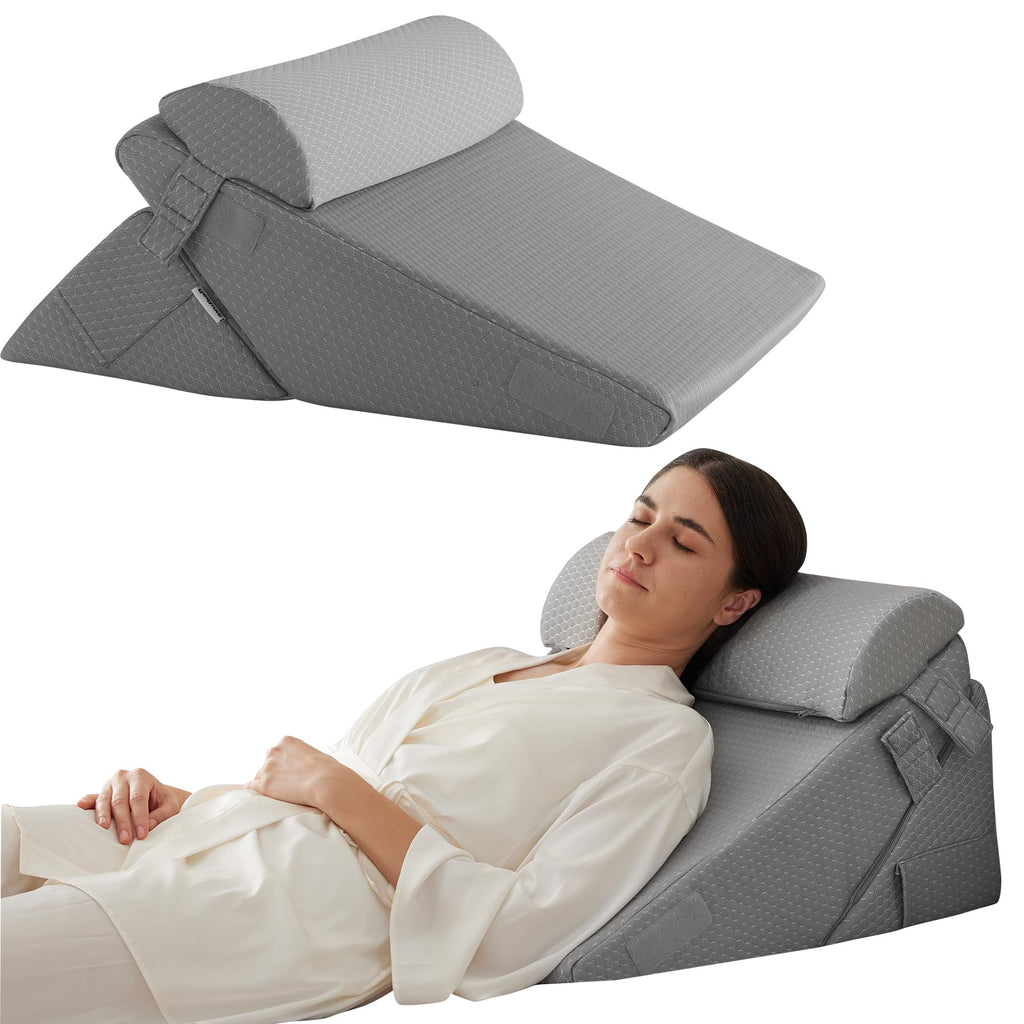 Bedluxe 3Pcs Orthopedic Bed Wedge Pillow Set, Foam Wedge Pillow Post Surgery for Back, Leg and Knee Support, Adjustable 9&12 Inch Folding Triangle Pillow for Sleeping, Acid Reflux, Snoring, Grey