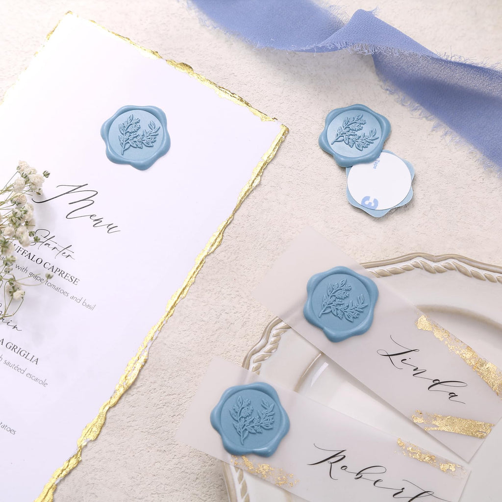 UNIQOOO Wax Seal Stickers - Eucalyptus Wedding Invitation Envelope Seal Stickers, 50 Pcs Self- Adhesive Dusty Blue Stickers, Perfect for Invitation, Christmas, Gift Wrapping