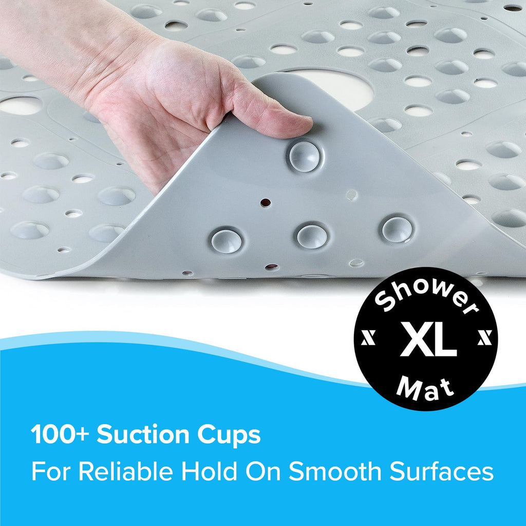 SlipX Solutions Extra Large Square Shower Mat, 27"x27", Non-Slip Stall Mat for Elderly & Kids Standing Bath Tub Mat, Machine Washable, Suction Cups, Solid Gray