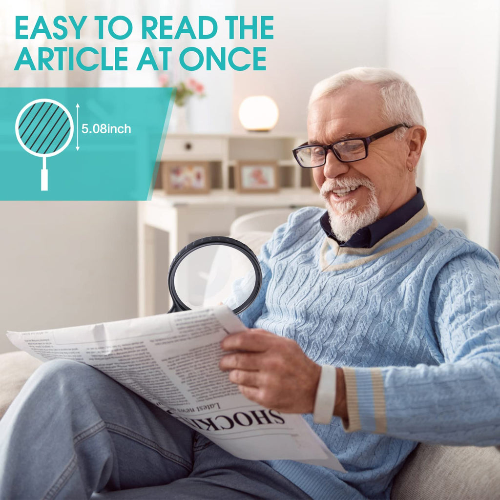Large Magnifying Glass with Light, 5X 15X Magnifier Handheld Illuminated Lighted Magnifier with 4 LED Lights Storage Bag Clean Cloth for Seniors Reading, Inspection, Exploring