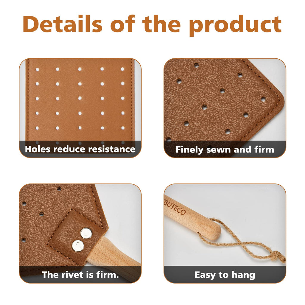 SAMEBUTECO Heavy-Duty Leather Fly Swatter with Bench Wood Handle - 19.7" Length, Ideal for Effective Insect Control (2-Pack, Brown)