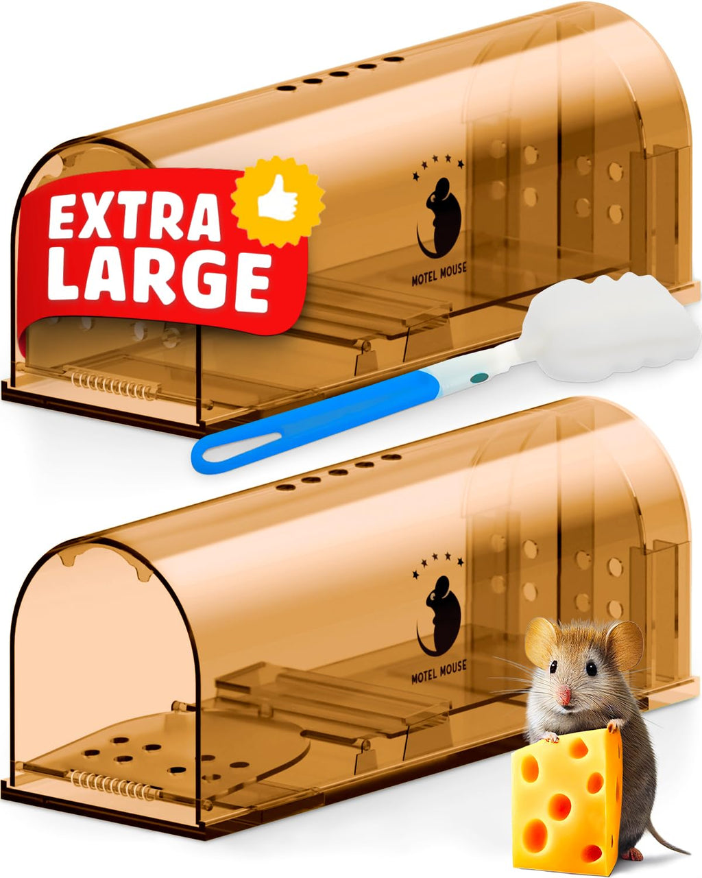 Motel Mouse Humane Mouse Traps No Kill Live Catch and Release 2 Pack - Reusable, Easy to Use & Clean, No Touch Release, Sensitive Includes Cleaning Brush, Instruction Manual & Video - Mousetrap Indoor