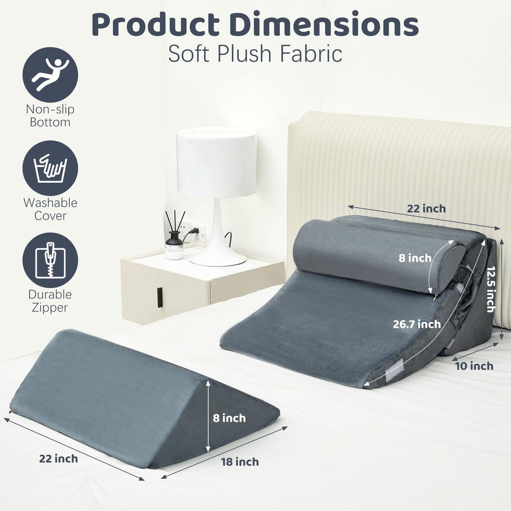 PIASHJOY 4pcs Bed Wedge Pillow Post Surgery,Wedge Pillow for Sleep apnea for Relief of Body Back and Leg Pain,Acid Reflux and Anti-snoring.