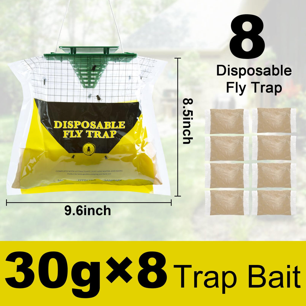 8 Pack Fly Traps Outdoor Hanging, Natural Pre-Baited Fly Bags Outdoor Disposable, Fly Hunter Stable Horse Ranch Fly Trap, Fly Catchers Killer Repellent