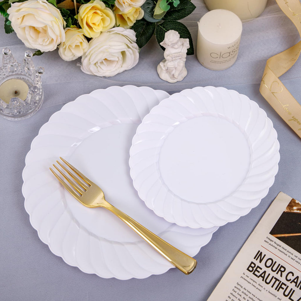 U-QE 100 Pieces White Plastic Plates - Premium Heavy Duty Plastic Plates for Wedding and Party Use Including 50PCS 9 '' Plastic Dinner Plates & 50PCS 6.5 '' Plastic Dessert Plates