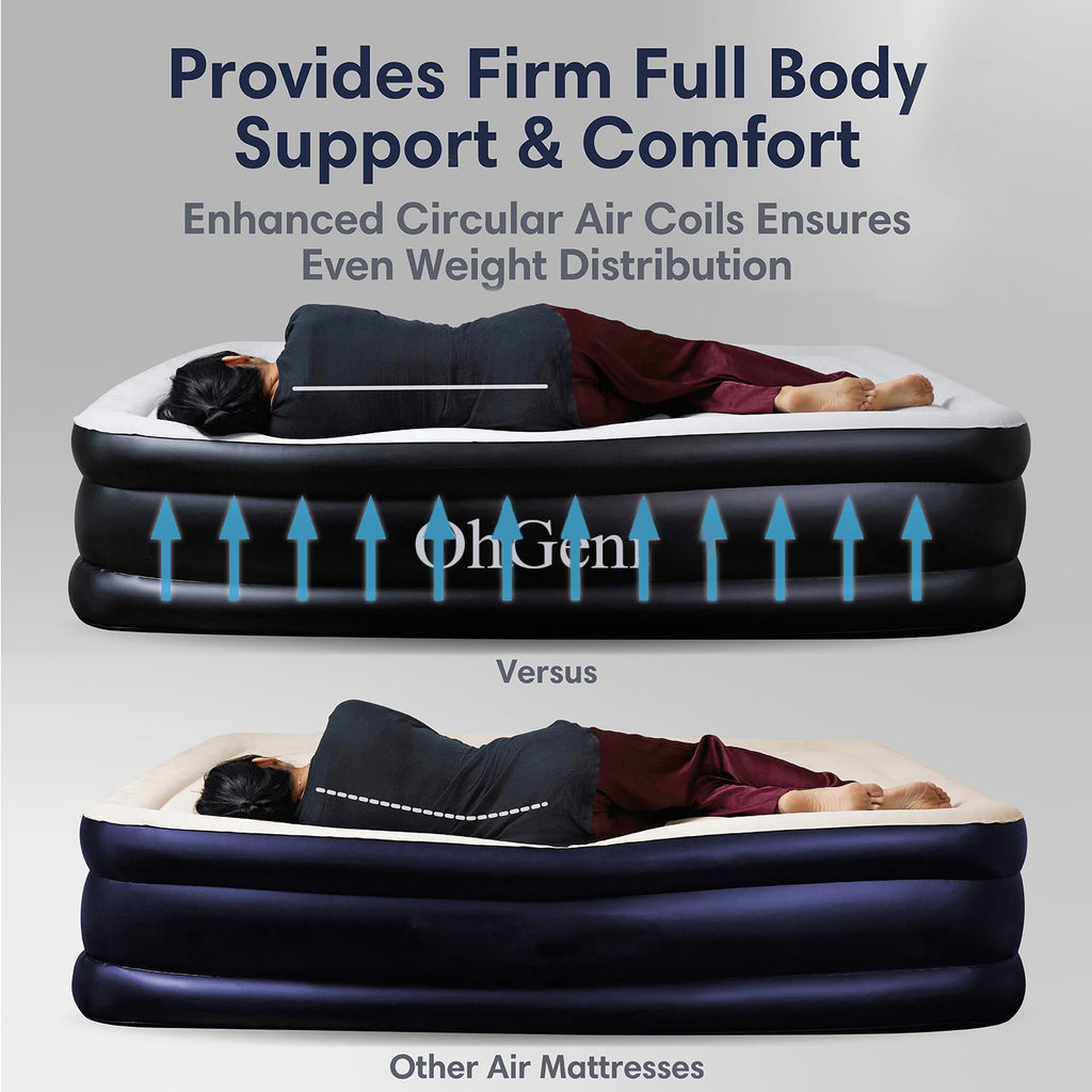 OhGeni Queen Air Mattress with Built in Pump, Blow Up Colchones Inflables Mattress for Guests, Foldable Portable Air Mattresses with Carrying Bag, 18" Raised Elevated Air Bed for Camping,Black Airbed