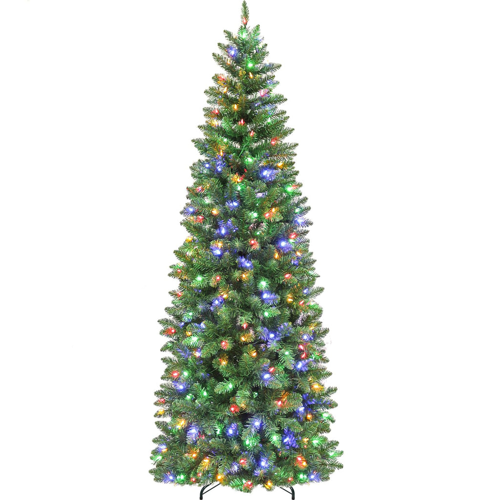 Hykolity 6ft Prelit Pencil Slim Christmas Tree with 200 Color Changing LED Lights, 544 Branch Tips, Metal Stand and Hinged Branches, 10 Color Modes