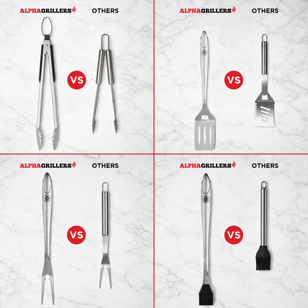Alpha Grillers Grilling Accessories - BBQ Accessories Grill Set with Spatula, Fork, Brush & Tongs - Outdoor Barbecue Utensils Fathers Day Gift for Dad Husband Men Him Boyfriend