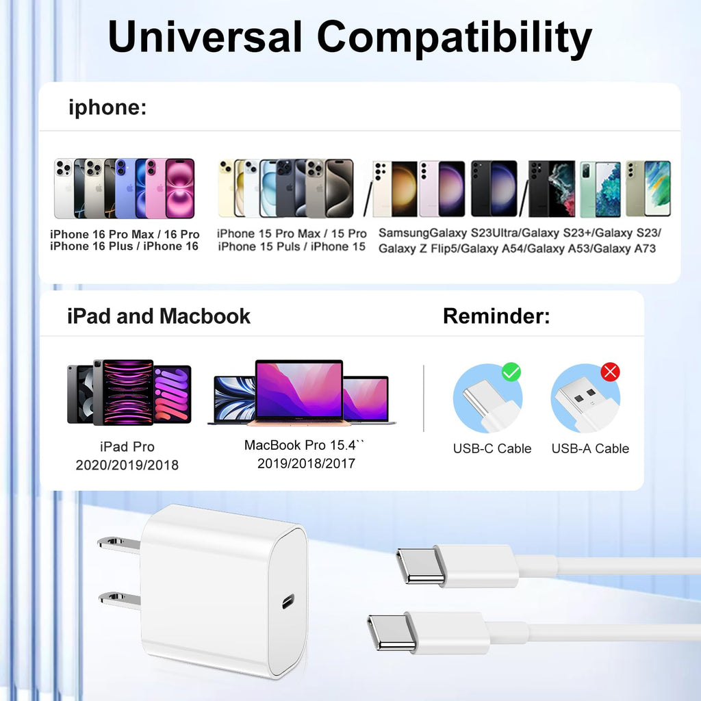 Susnwere Extra Long for iPhone 15 16 Charger 10 Ft with 20w USB C Charger Block,2-Pack 20W Fast Wall Charger for 15/15 Pro/Pro Max/iPad Pro AirPods/Samsung and More, with 3 Pack 10ft USB-C Cable