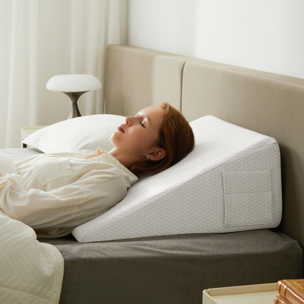 Bedluxe Wedge Pillow for Sleeping, 10 inch Elevated Support Bed Wedge Pillow, Breathable Triangle Pillow Wedge with Cooling Memory Foam Top - Removable Washable Cover, White