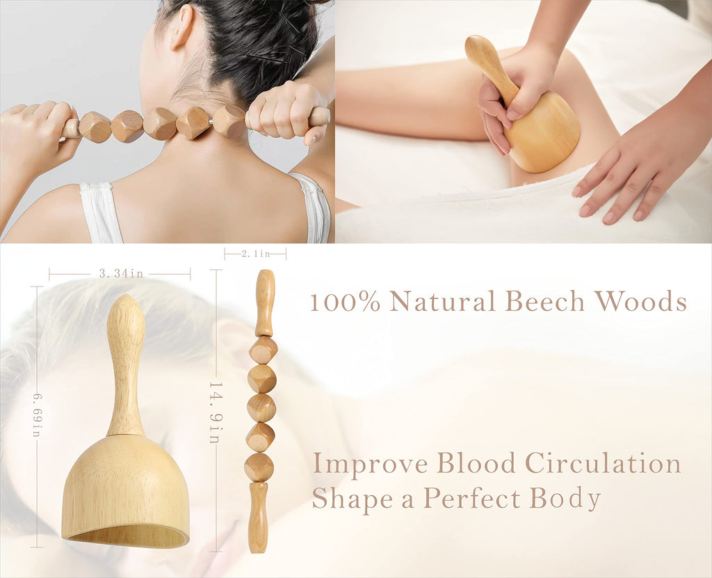 OYAMEQICH Wood Therapy Massage Tools Maderoterapia Kit Body Sculpting Tools for Lymphatic Drainage and Anti-Cellulite .Wood Massager Roller Rpoe for Back and Muscle Pain Relief (Medium)