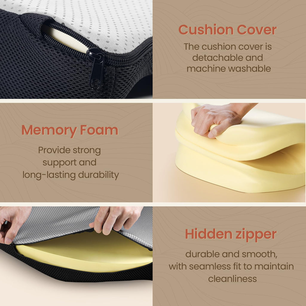 Benazcap Seat Cushion, Memory Foam Cushion for Office Chair - Ergonomic Chair Cushions for Tailbone Pain Relief, Sciatica & Back Support with Breathable Case, Office Chair Cushion & Car Seat Cushion