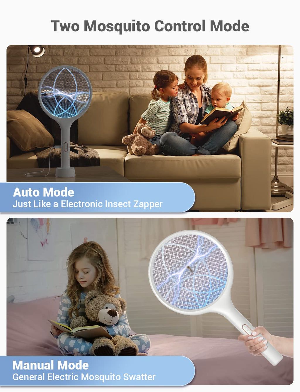 YISSVIC Electric Fly Swatter 4000V Bug Zapper Racket Dual Modes Mosquito Killer with Purple Mosquito Light Rechargeable for Indoor Home Office Backyard Patio Camping (White)