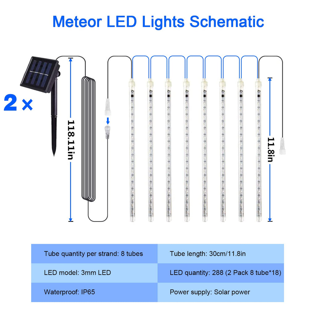 JMEXSUSS 2 Pack Solar Christmas Meteor Shower Lights, 16 Tube 288 LED White Solar Christmas String Lights Outdoor Waterproof for Tree Patio Garden Wedding Party Decorations