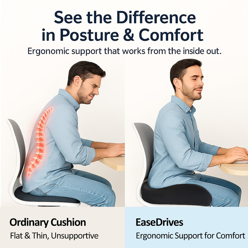 EaseDrives® X Large Memory Foam Seat Cushions for Office Chairs, Long Sitting Pressure Relief Ergonomic Office Chair Cushion for Butt Coccyx Tailbone Sciatica, Car, Wheelchair Seat Booster for Height