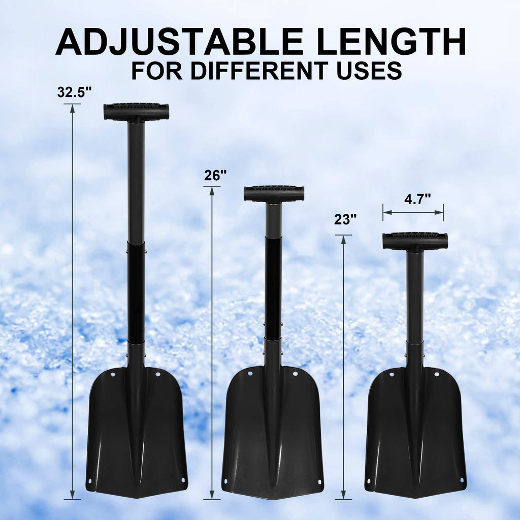 CARTMAN 32.5 Inch Folding Emergency Snow Shovel 3 Piece Aluminum Lightweight Portable Sport Utility Shovel for Car Trunk Camping Garden Beach with Ice Scraper Carrying Bag, Black
