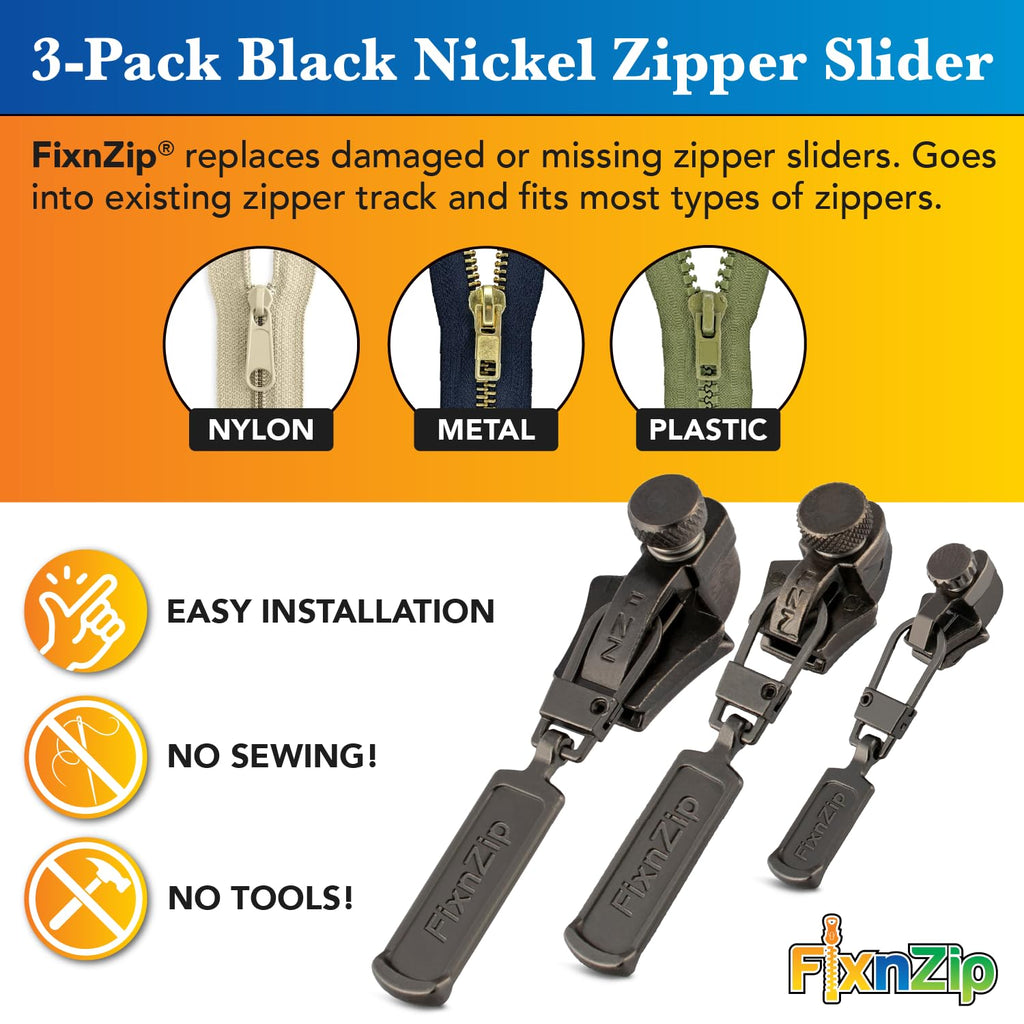 FixNZip Small, Medium, and Large Black Nickel Zipper Repair Kit Bundle | Universal No-Sew Slider Replacement for All Apparel Needs | Instant and Reusable Zipper Repair Tool | Sizes 1-10