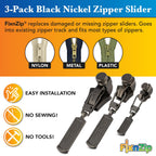 FixNZip Small, Medium, and Large Black Nickel Zipper Repair Kit Bundle | Universal No-Sew Slider Replacement for All Apparel Needs | Instant and Reusable Zipper Repair Tool | Sizes 1-10