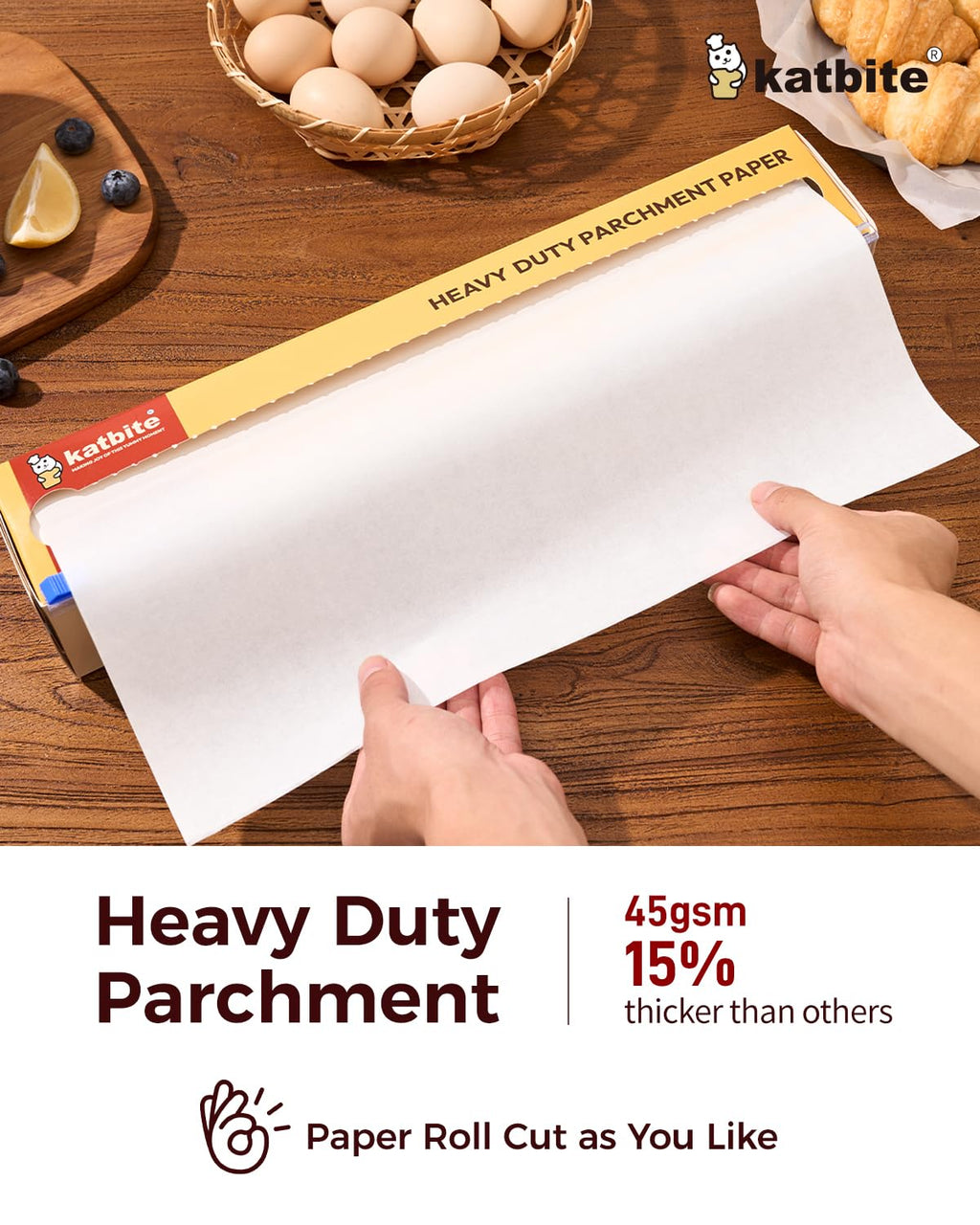 Katbite Parchment Paper Roll for Baking, 2 Pack of 15 in x 210 ft, Heavy Duty Cooking Paper for Baking Bread, Cookies, Non-stick for Oven, Air Fryer, Steamer, Heat Press with 2Pcs of Slide Cutter